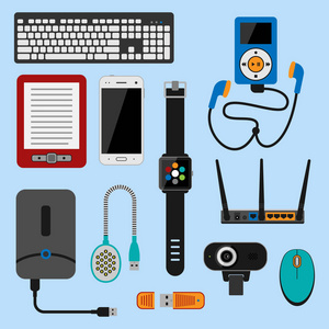 电子小工具 图标、技术与多媒体设备的日常连接